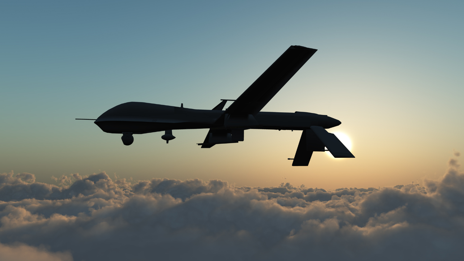 Silhouette of a drone flying above clouds during sunset.