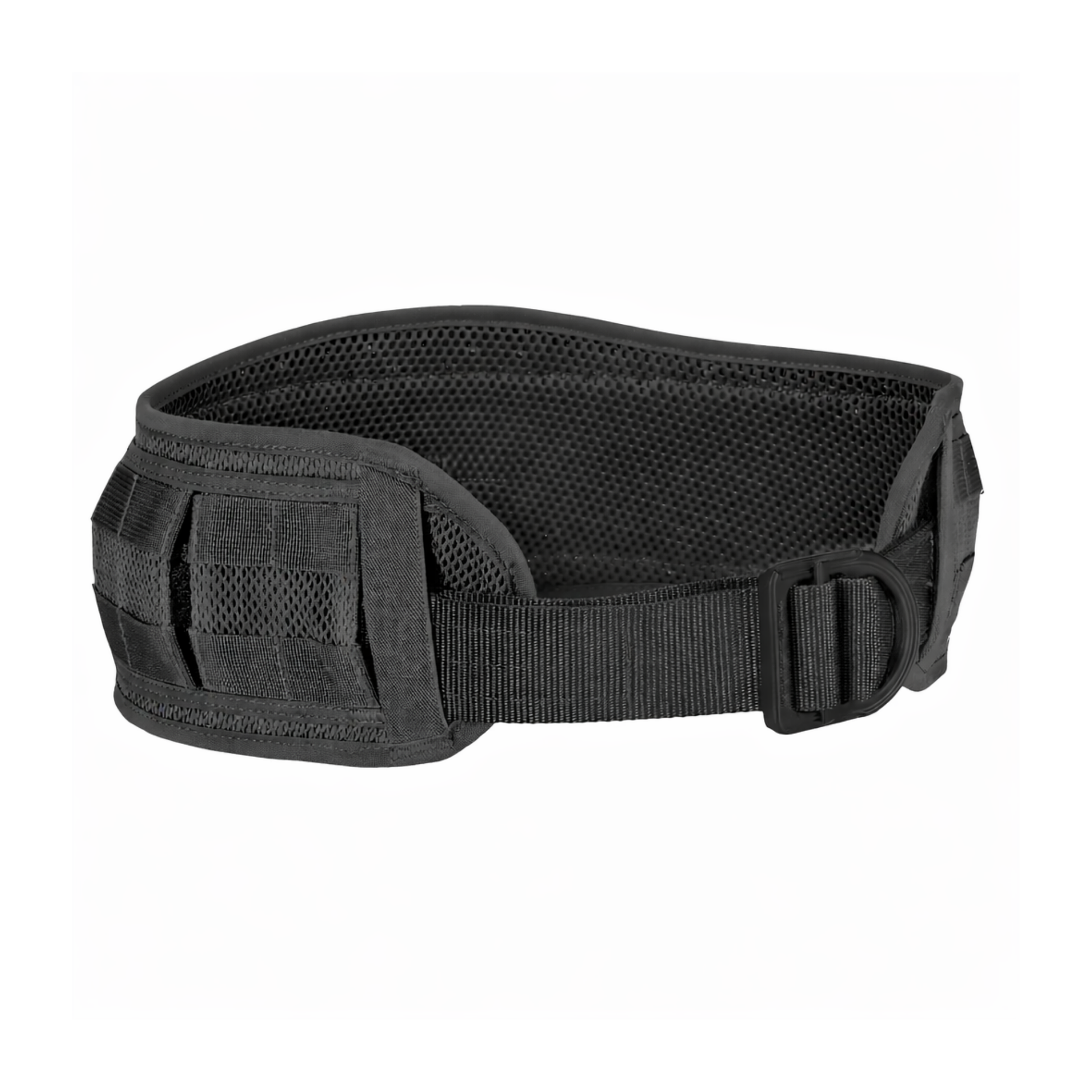 Black modular load bearing battle belt with padded MOLLE design for professional tactical and duty use