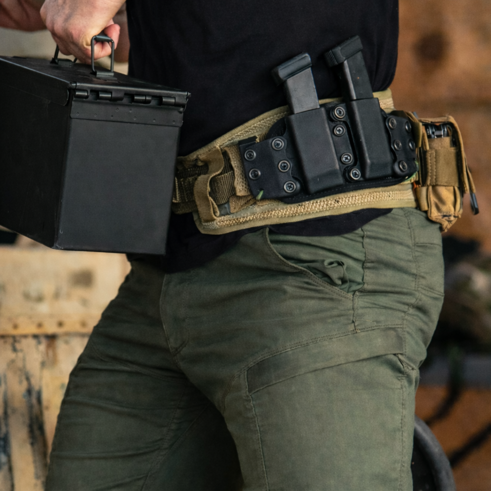 Modular load bearing battle belt worn with duty gear and magazine pouches in operational environment
