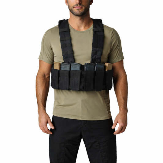 TacTec style chest rig front view on model with adjustable straps and magazine pouches