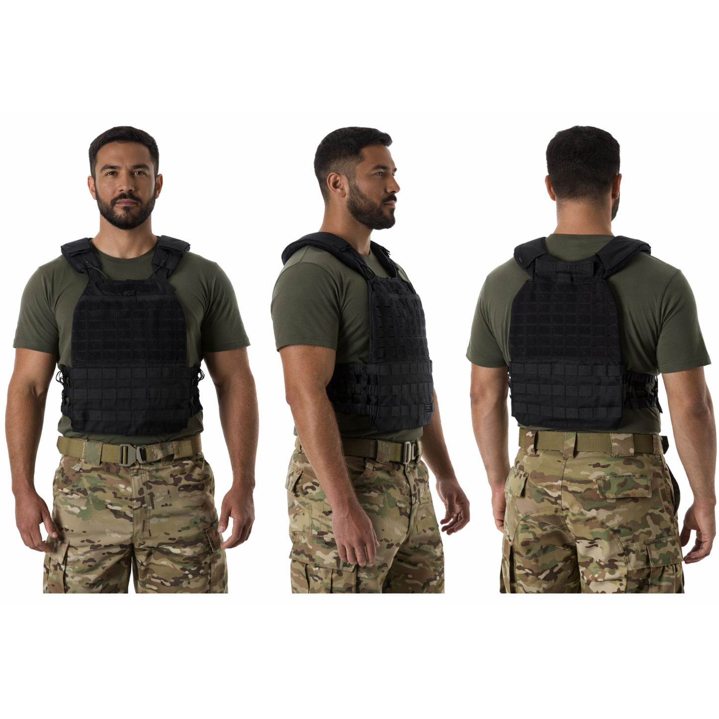 TacTec style tactical plate carrier back view on dark-skinned model showcasing airflow channels and tactical fit