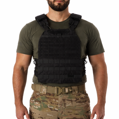 TacTec style tactical plate carrier front view showing modular MOLLE design and lightweight construction