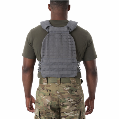 storm color tactical plate carrier back view with airflow panel and reinforced shoulder straps