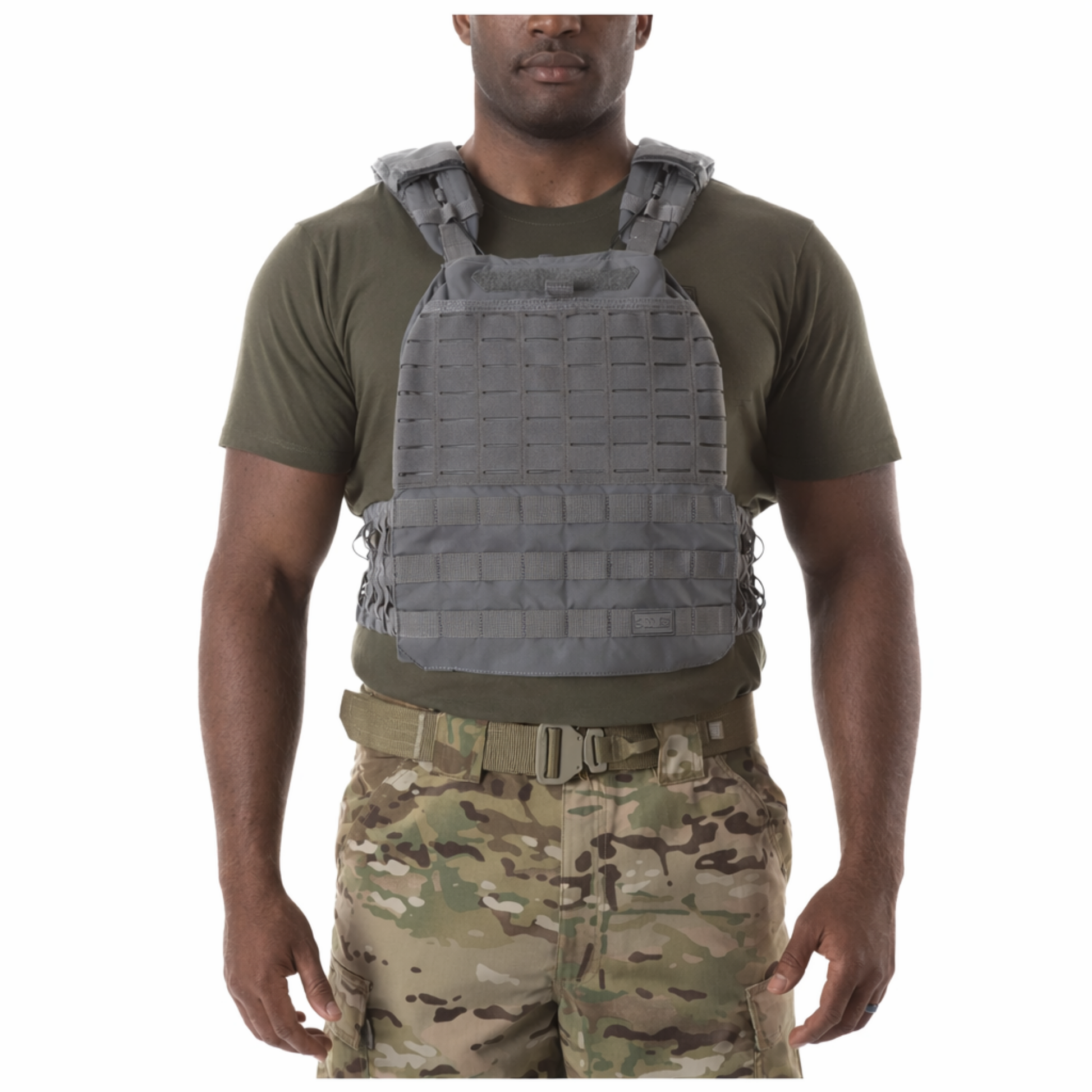 storm color tactical plate carrier front view with adjustable straps and molle system